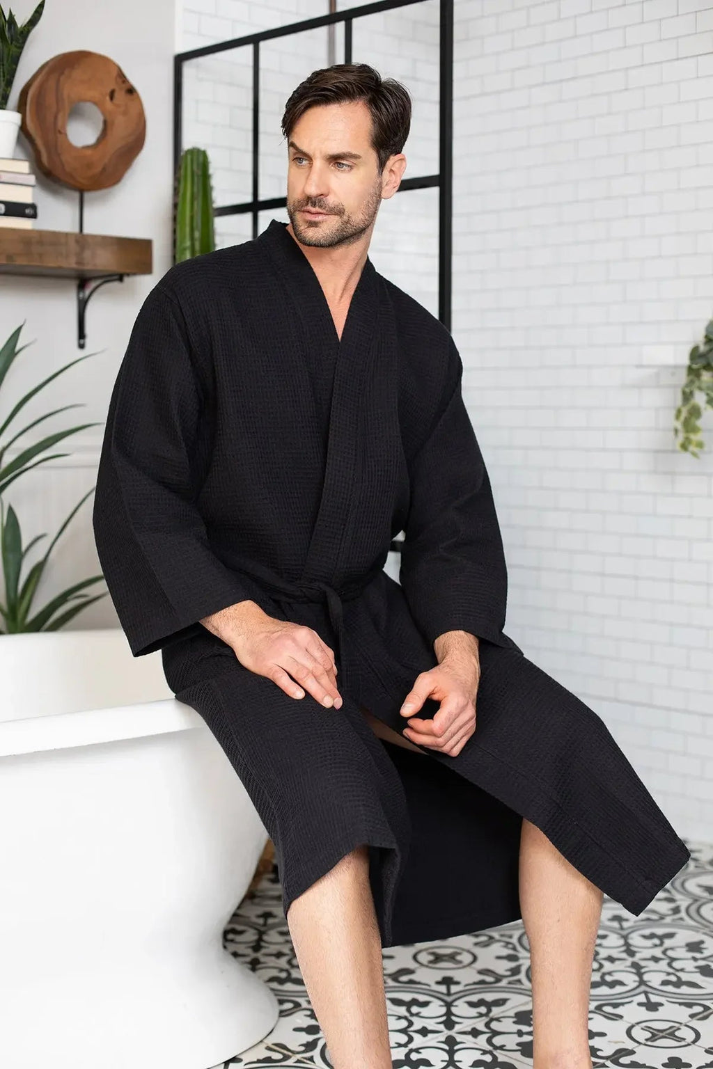 Men's Waffle Spa Bathrobe – Lightweight & Absorbent Kimono Robe