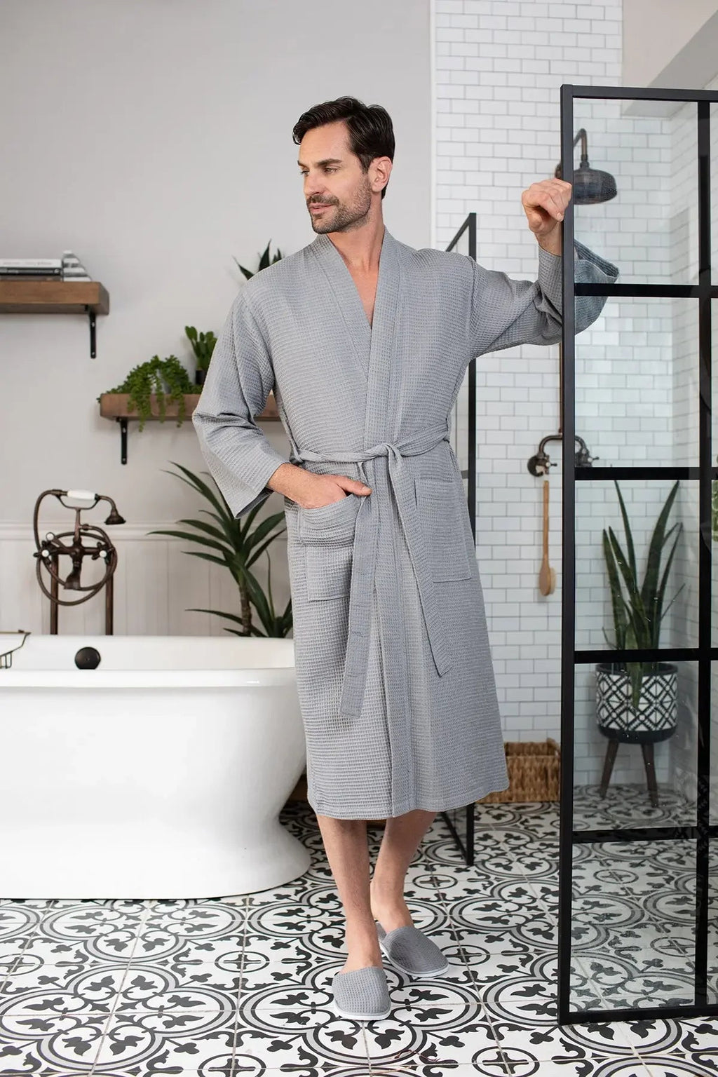 Men's Waffle Spa Bathrobe – Lightweight & Absorbent Kimono Robe