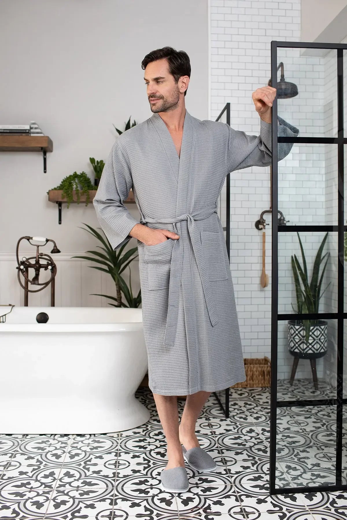 Men's Waffle Spa Bathrobe – Lightweight & Absorbent Kimono Robe