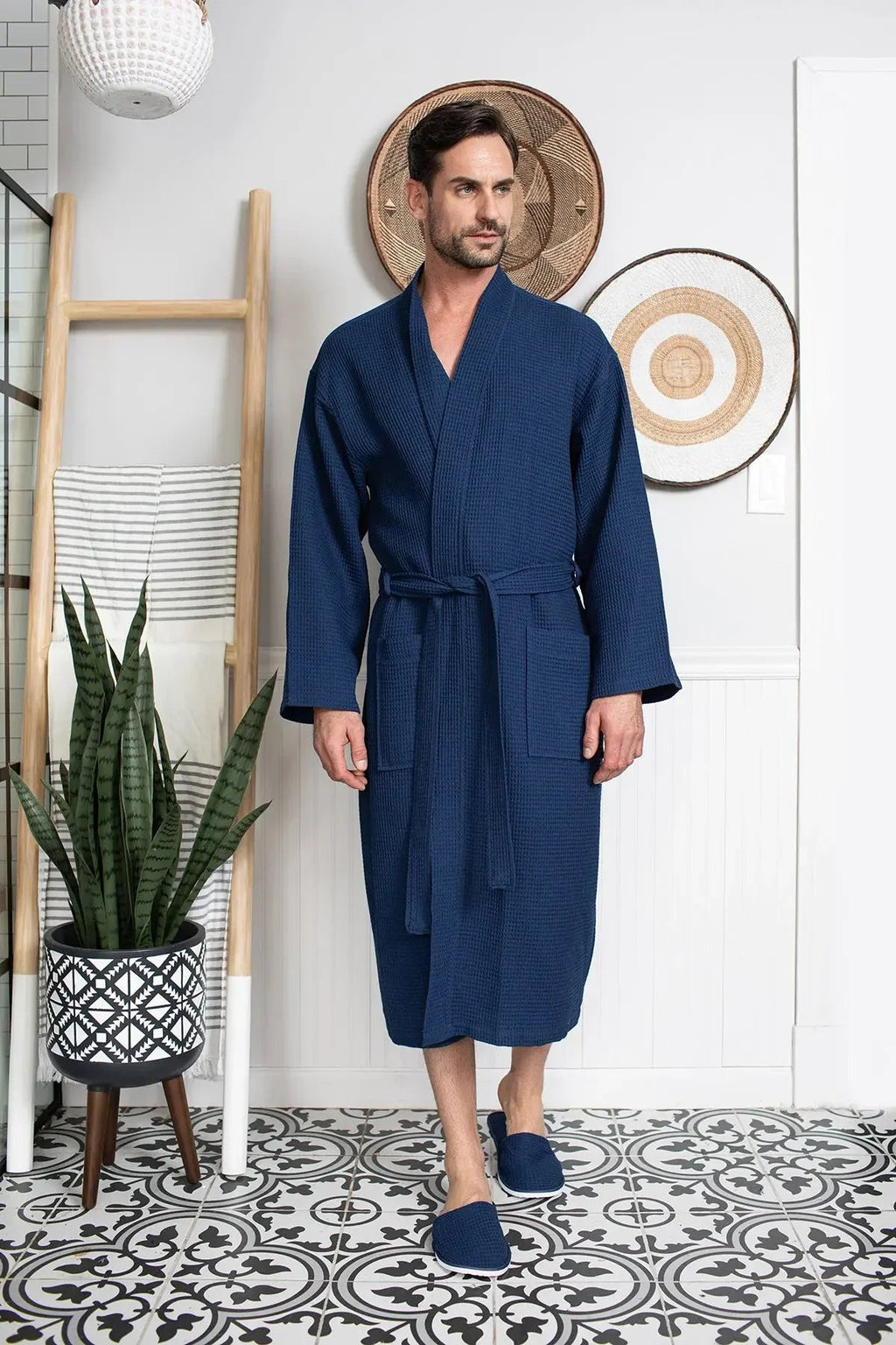 Men's Waffle Spa Bathrobe – Lightweight & Absorbent Kimono Robe