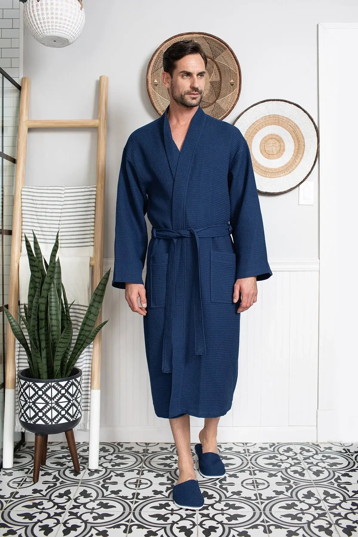 Men's Waffle Spa Bathrobe – Lightweight & Absorbent Kimono Robe