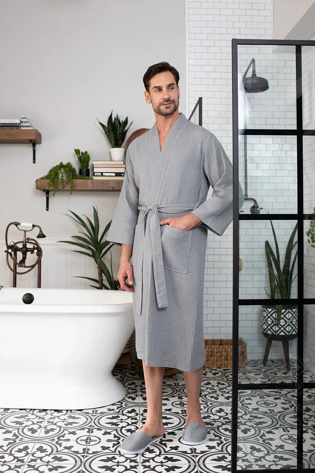 Men's Waffle Spa Bathrobe – Lightweight & Absorbent Kimono Robe