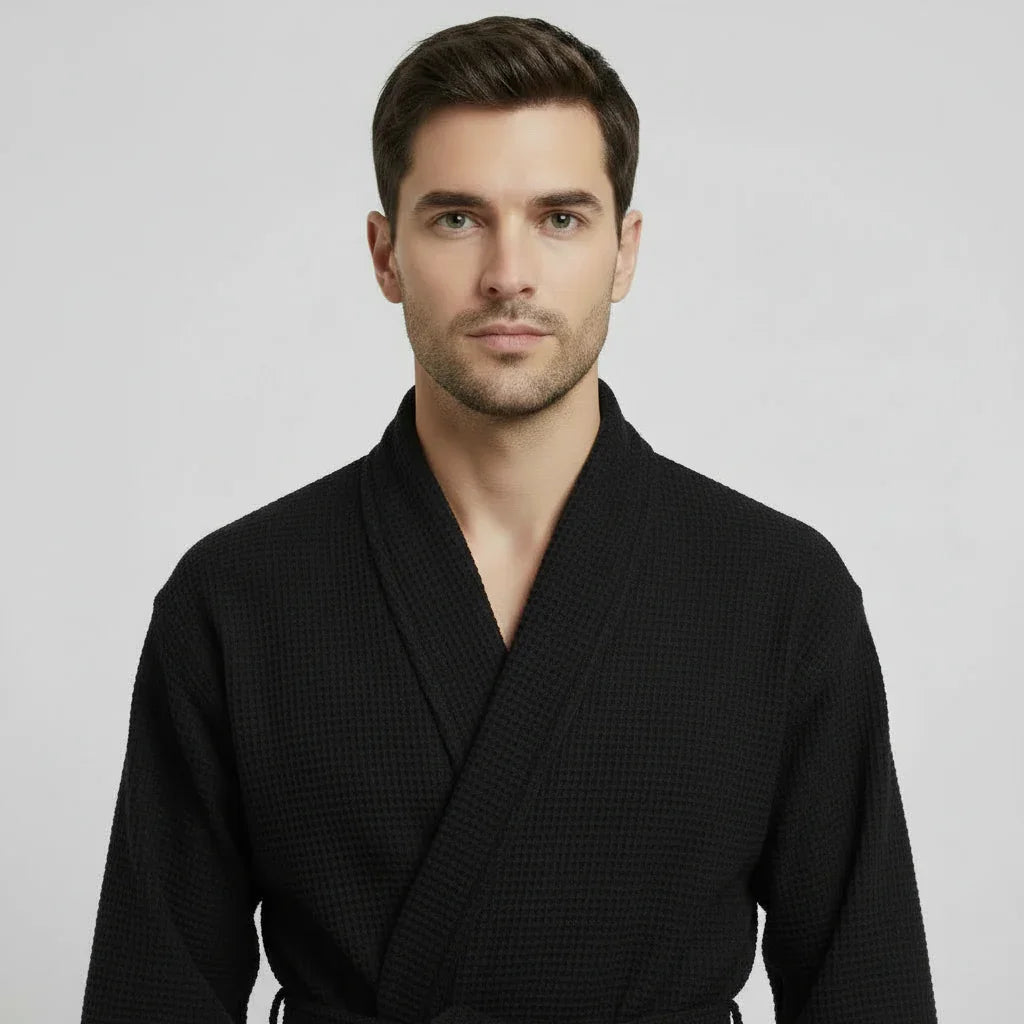 Men's Waffle Spa Bathrobe – Lightweight & Absorbent Kimono Robe