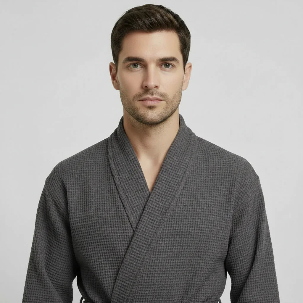 Men's Waffle Spa Bathrobe – Lightweight & Absorbent Kimono Robe