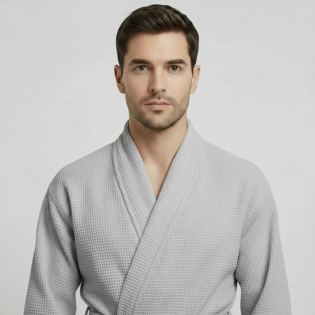 Men's Waffle Spa Bathrobe – Lightweight & Absorbent Kimono Robe