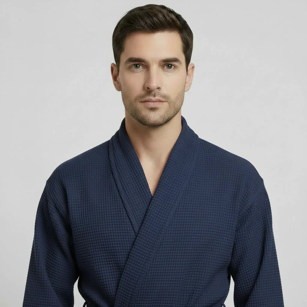 Men's Waffle Spa Bathrobe – Lightweight & Absorbent Kimono Robe