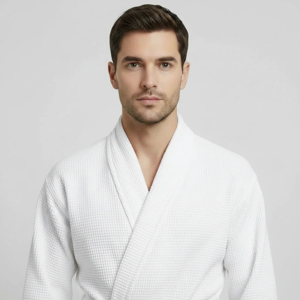 Men's Waffle Spa Bathrobe – Lightweight & Absorbent Kimono Robe