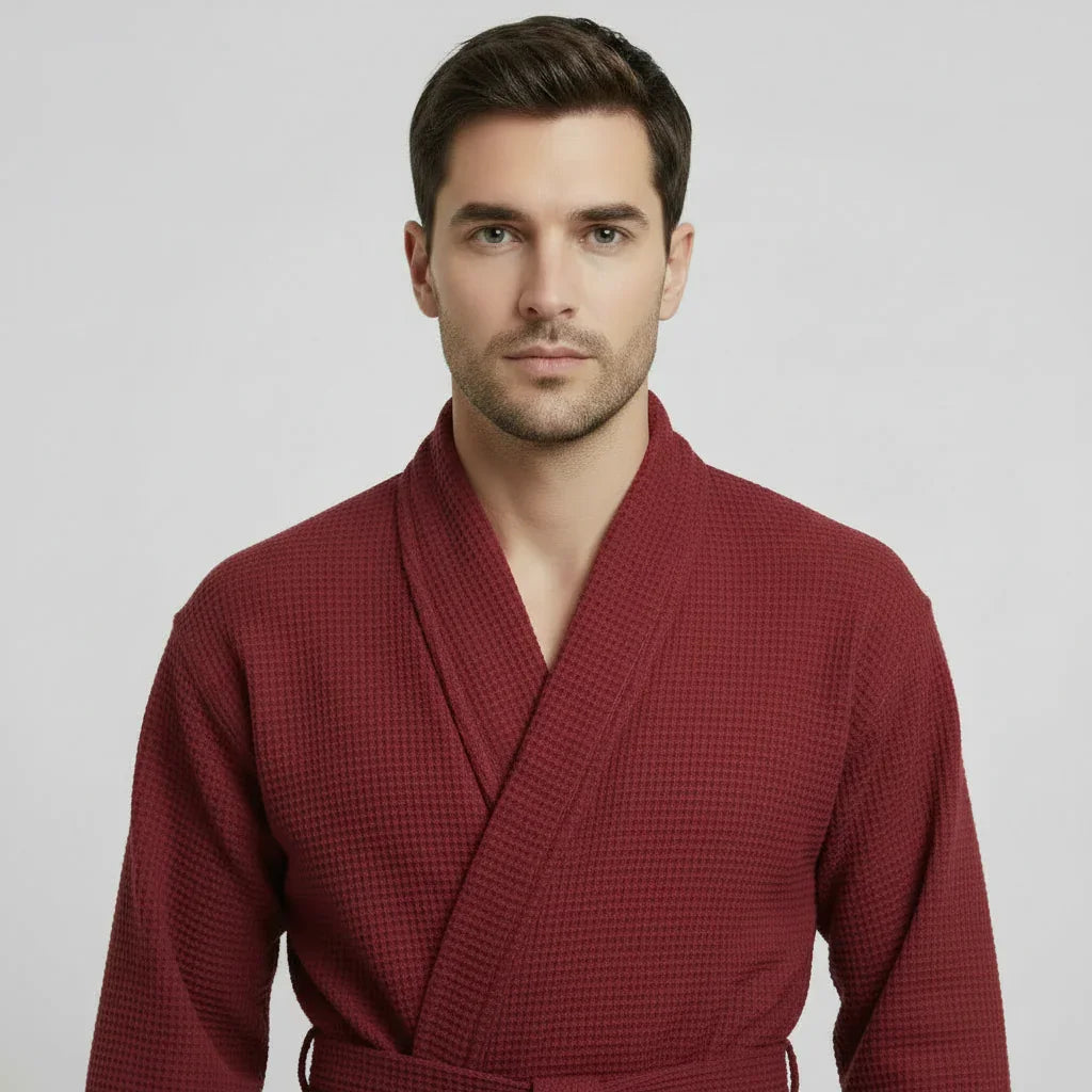 Men's Waffle Spa Bathrobe – Lightweight & Absorbent Kimono Robe