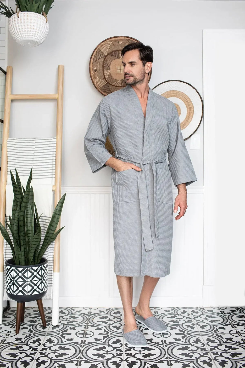 Men's Waffle Spa Bathrobe – Lightweight & Absorbent Kimono Robe