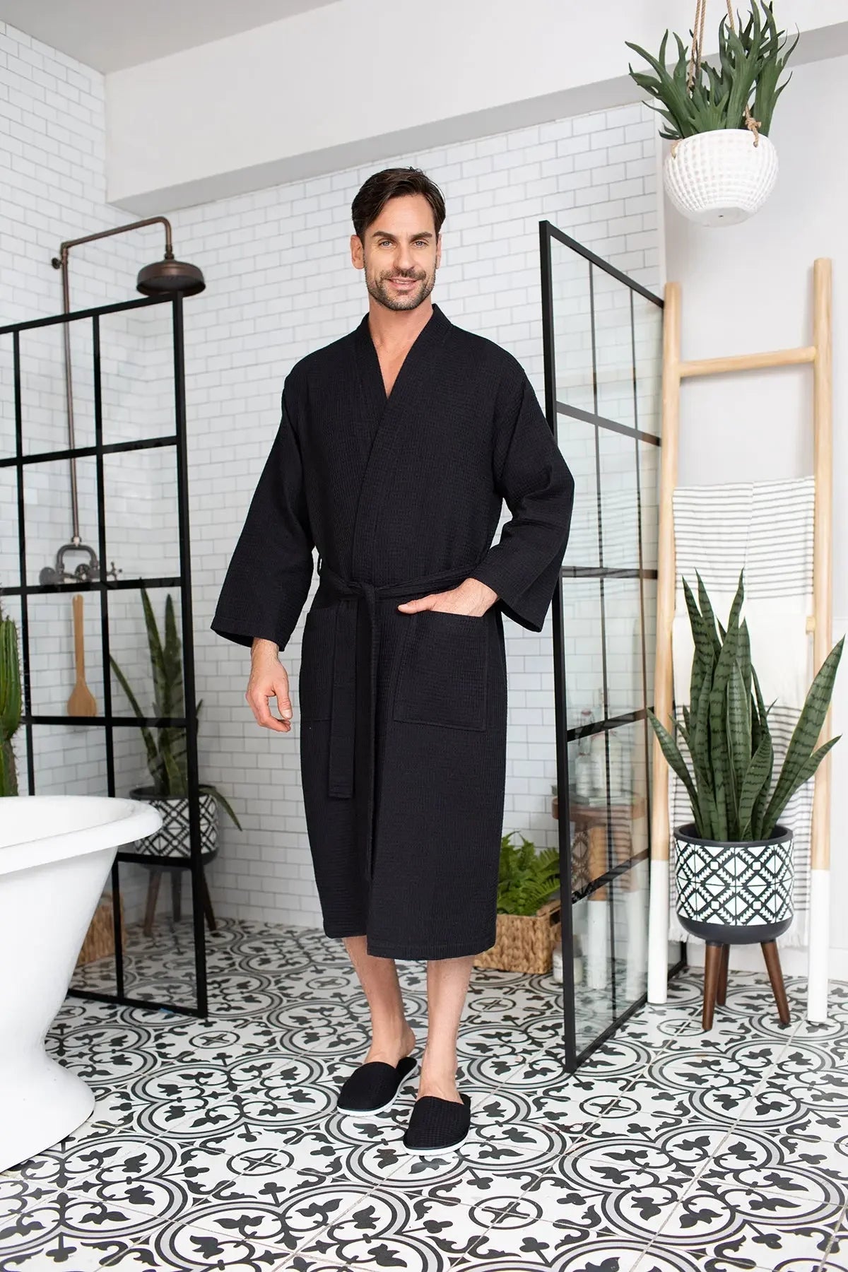 Men's Waffle Spa Bathrobe – Lightweight & Absorbent Kimono Robe