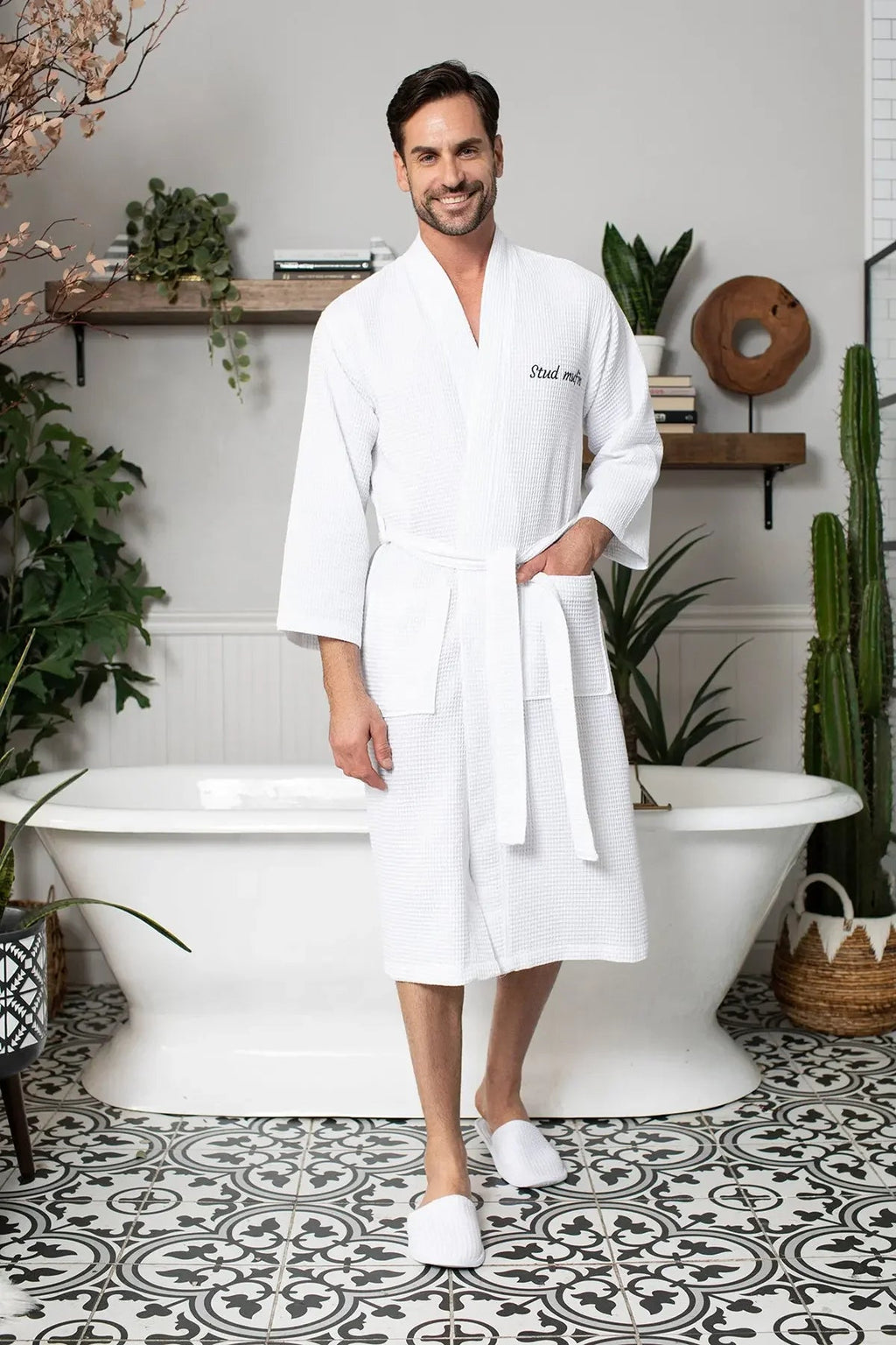 Men's Waffle Spa Bathrobe – Lightweight & Absorbent Kimono Robe