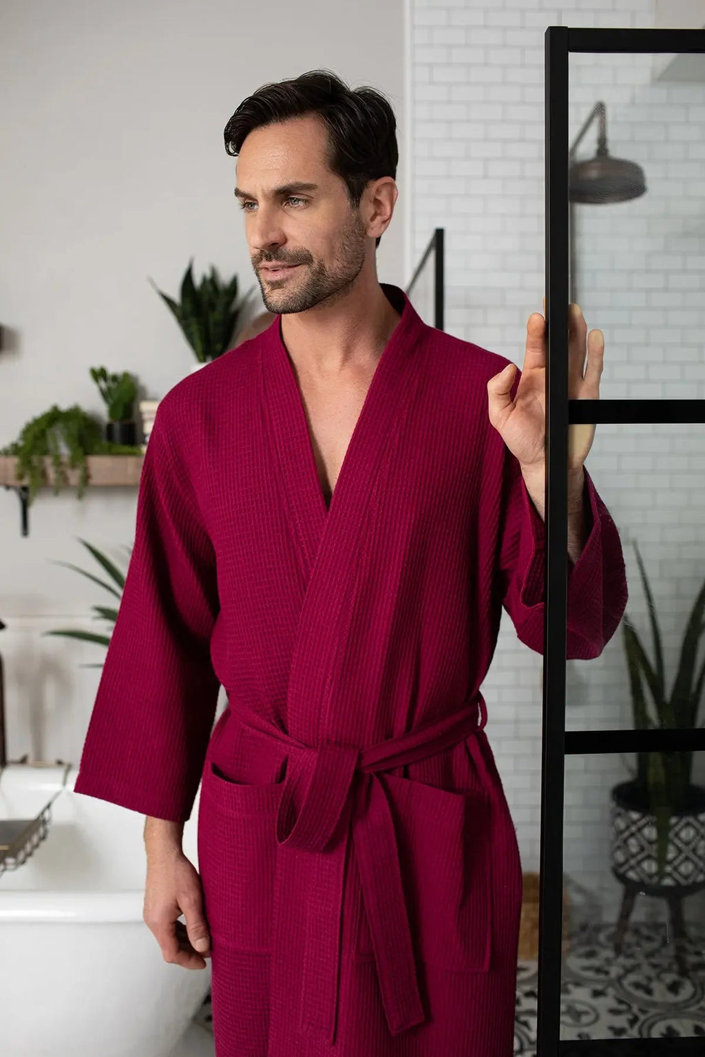 Men's Waffle Spa Bathrobe – Lightweight & Absorbent Kimono Robe