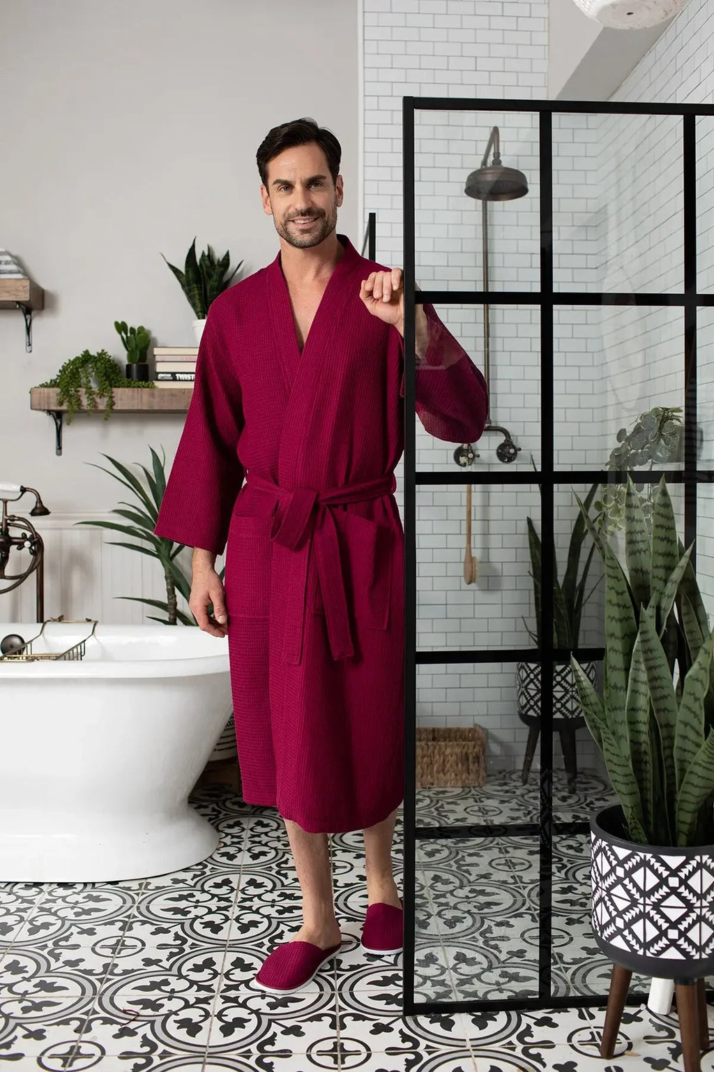 Men's Waffle Spa Bathrobe – Lightweight & Absorbent Kimono Robe
