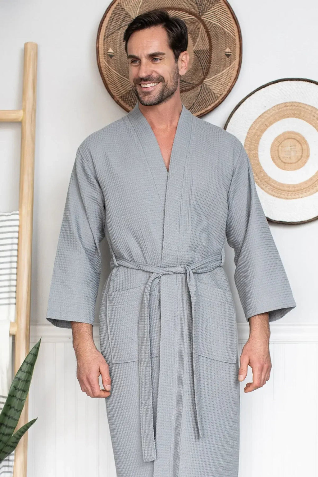 Men's Waffle Spa Bathrobe – Lightweight & Absorbent Kimono Robe