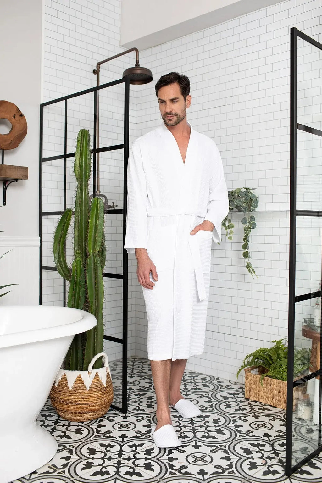 Men's Waffle Spa Bathrobe – Lightweight & Absorbent Kimono Robe