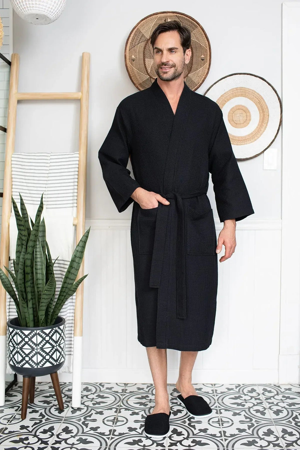 Men's Waffle Spa Bathrobe – Lightweight & Absorbent Kimono Robe