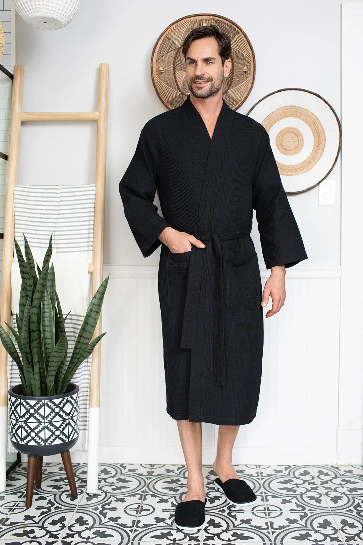 Men's Waffle Spa Bathrobe – Lightweight & Absorbent Kimono Robe