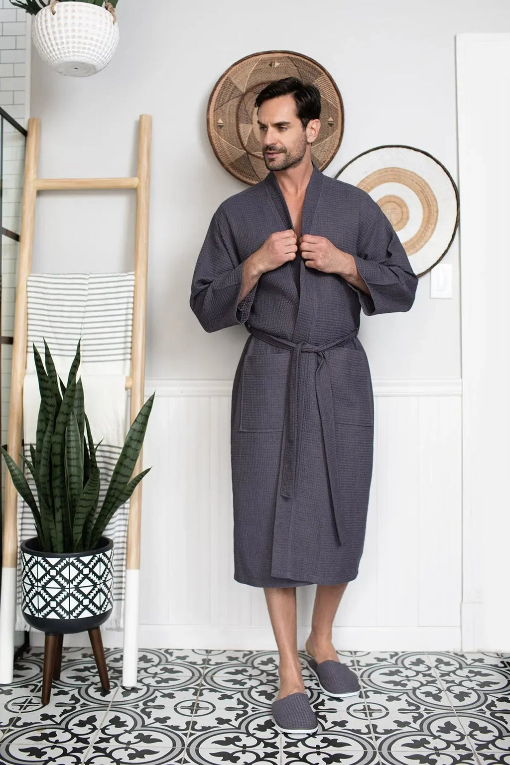 Men's Waffle Spa Bathrobe – Lightweight & Absorbent Kimono Robe