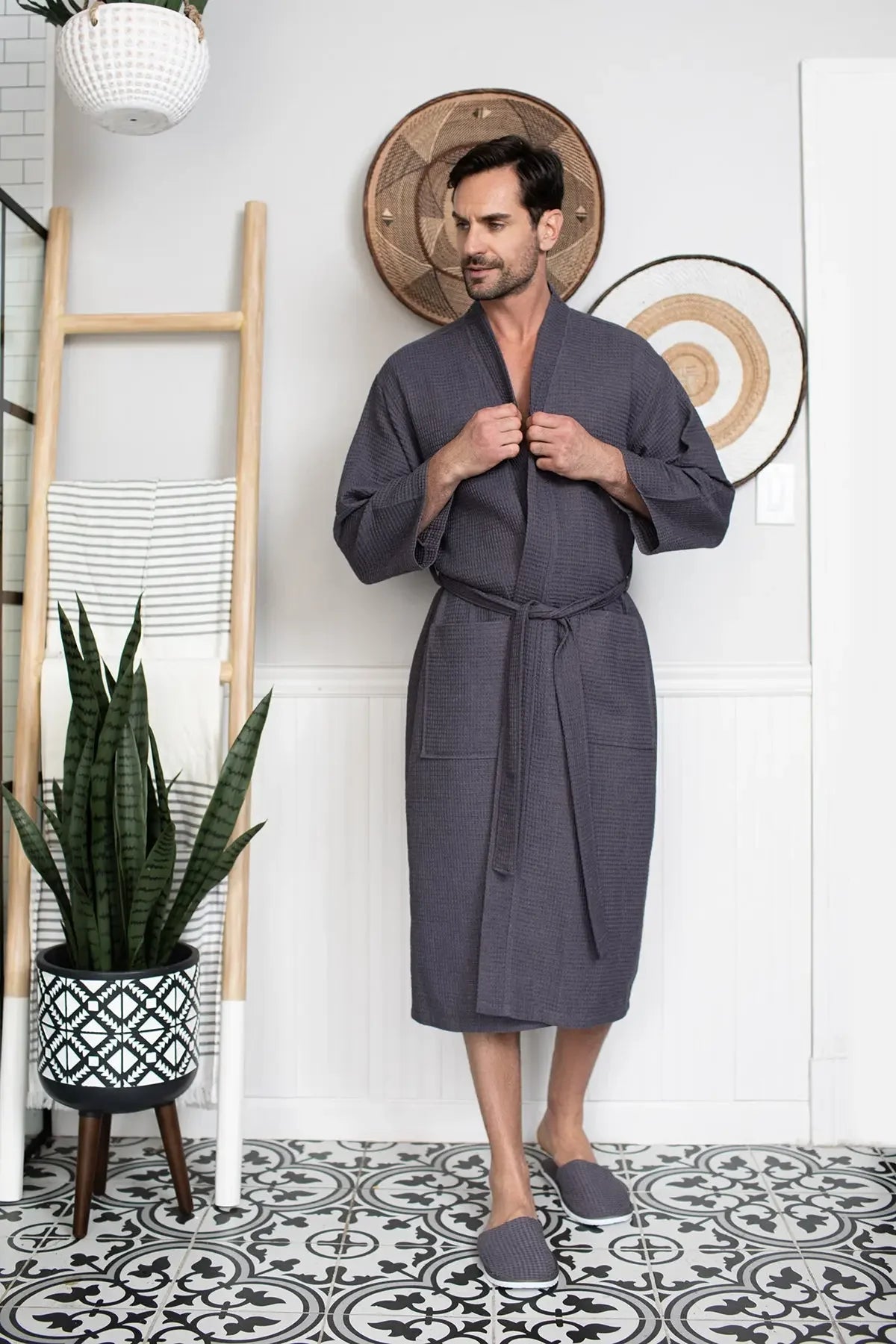 Men's Waffle Spa Bathrobe – Lightweight & Absorbent Kimono Robe