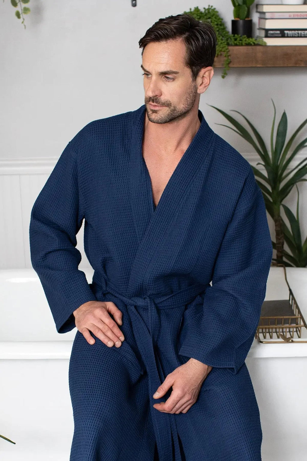 Men's Waffle Spa Bathrobe – Lightweight & Absorbent Kimono Robe