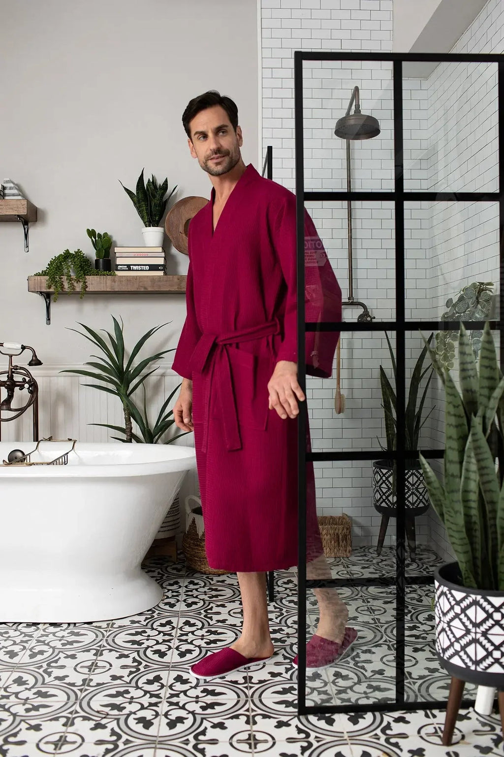 Men's Waffle Spa Bathrobe – Lightweight & Absorbent Kimono Robe