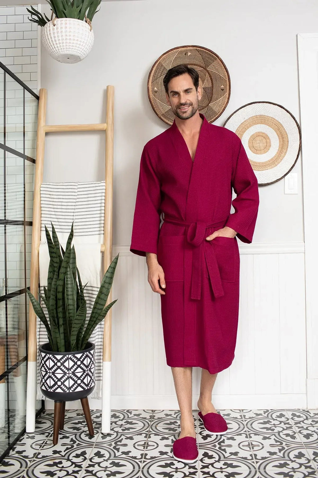 Men's Waffle Spa Bathrobe – Lightweight & Absorbent Kimono Robe