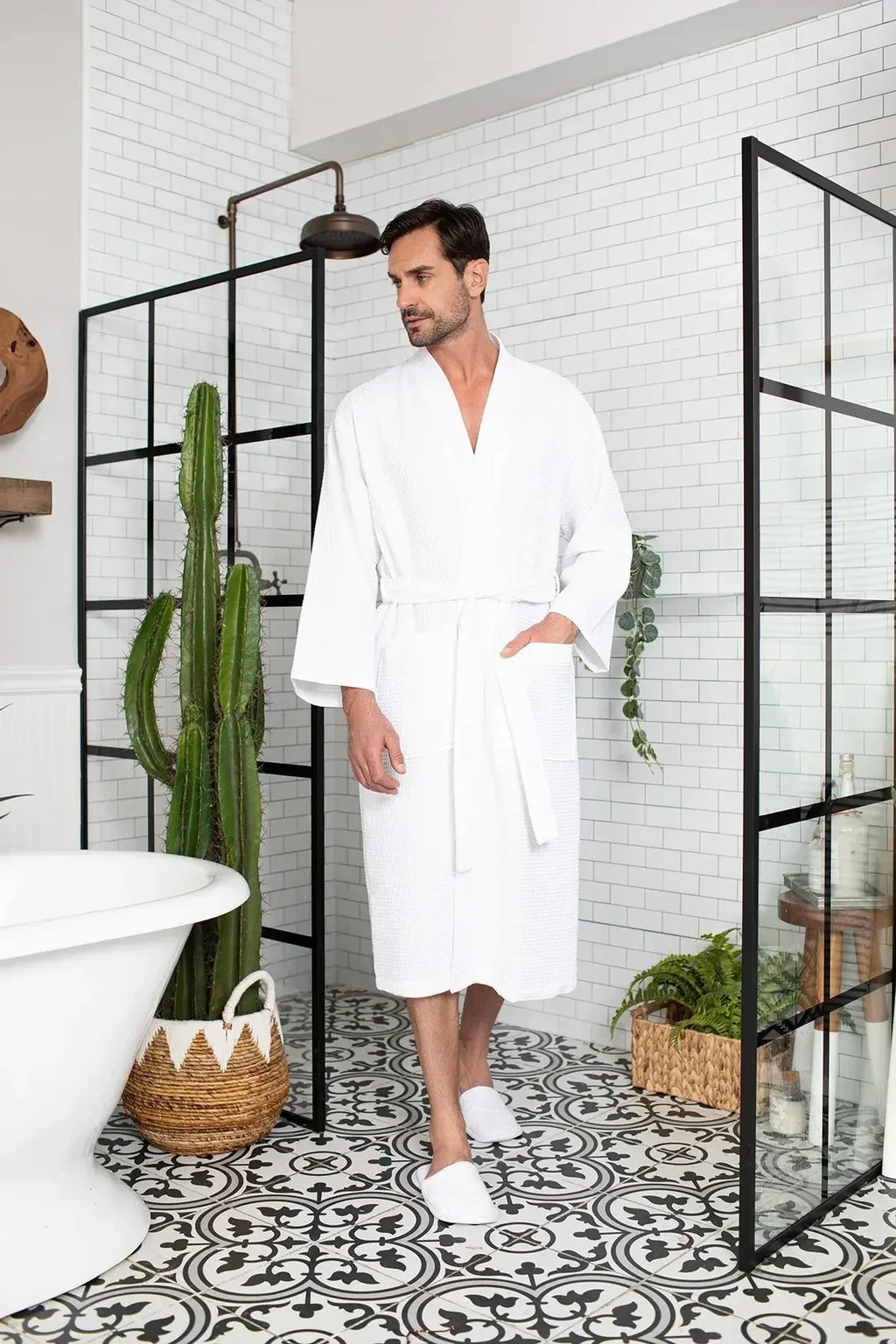 Men's Waffle Spa Bathrobe – Lightweight & Absorbent Kimono Robe