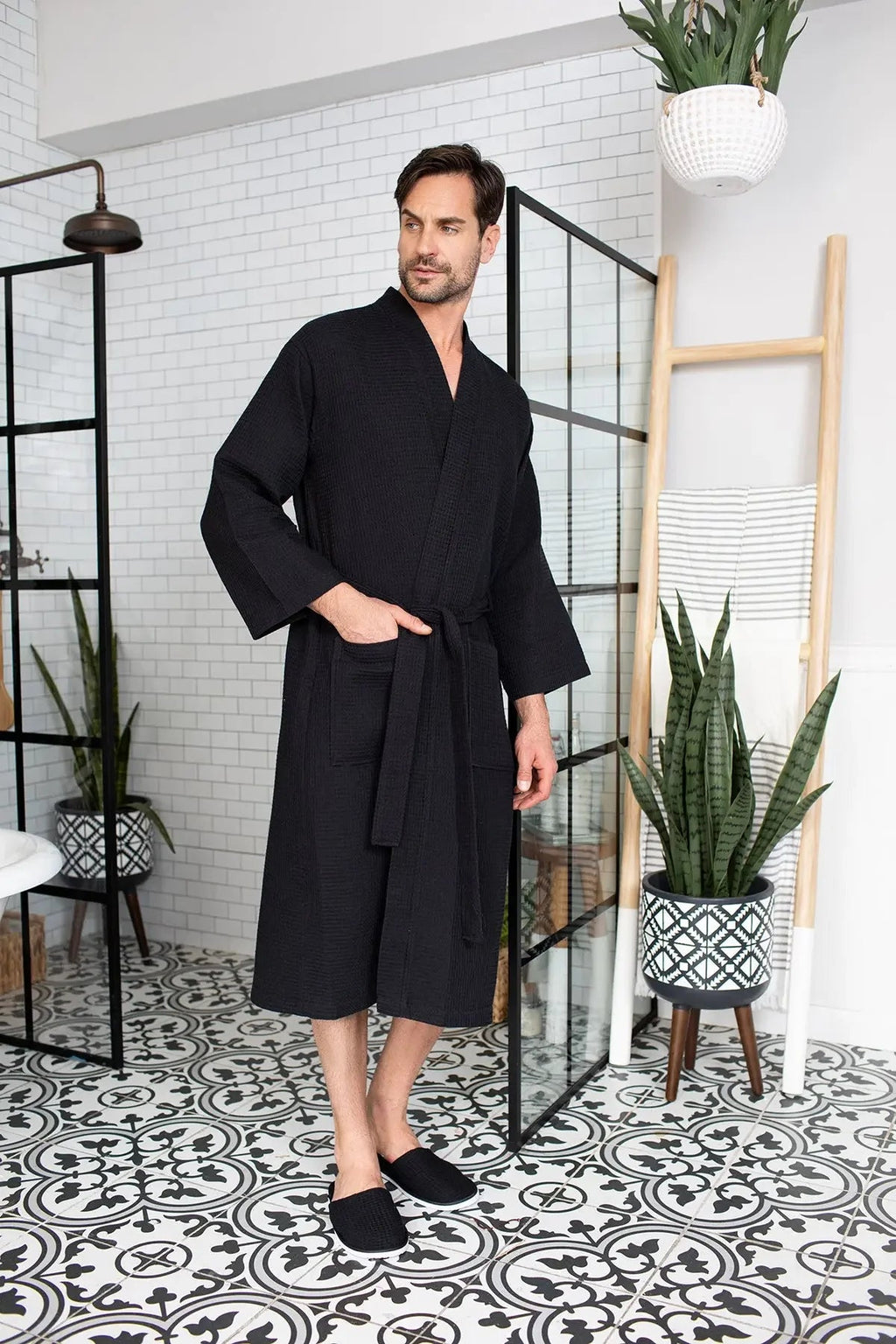 Men's Waffle Spa Bathrobe – Lightweight & Absorbent Kimono Robe