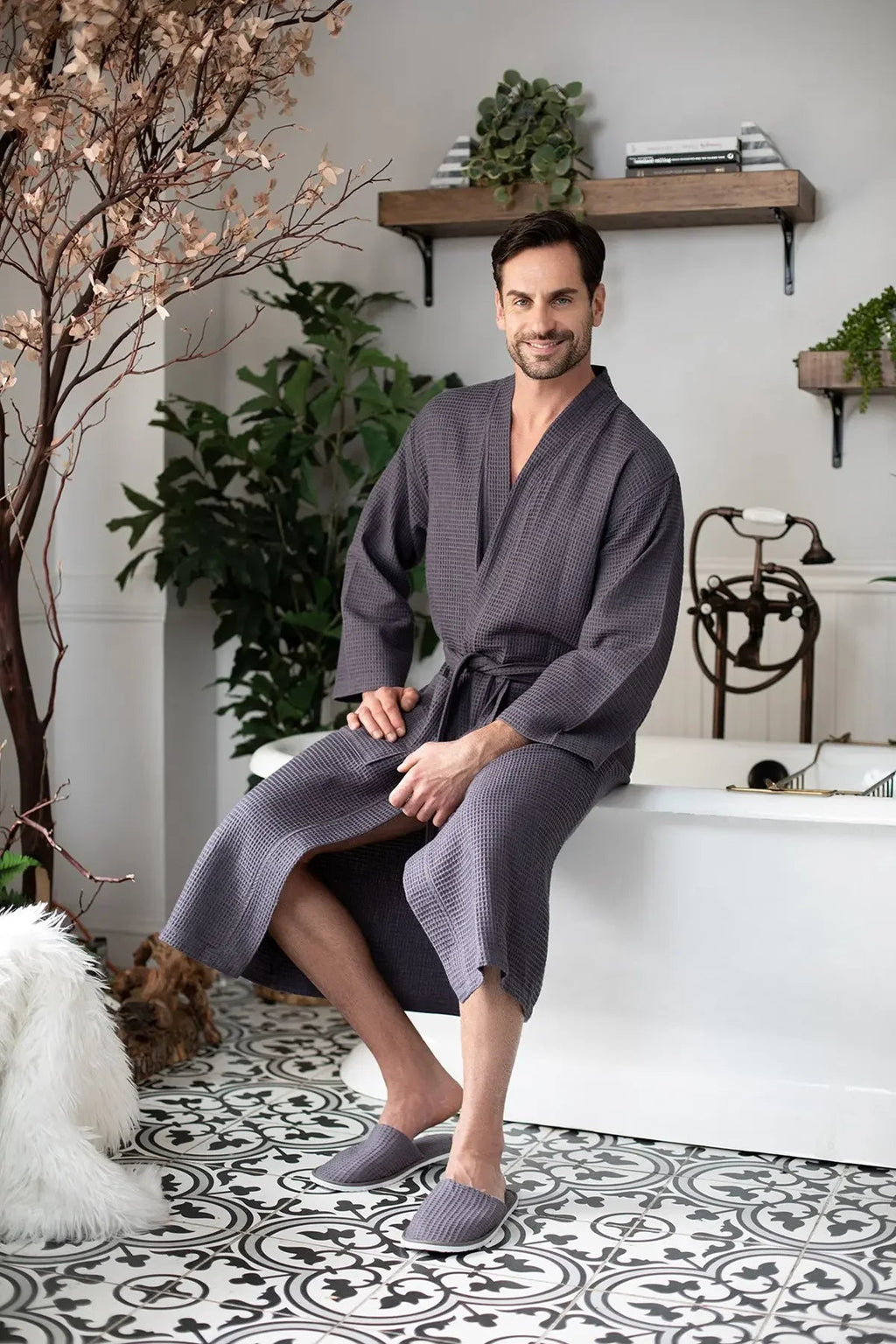 Men's Waffle Spa Bathrobe – Lightweight & Absorbent Kimono Robe
