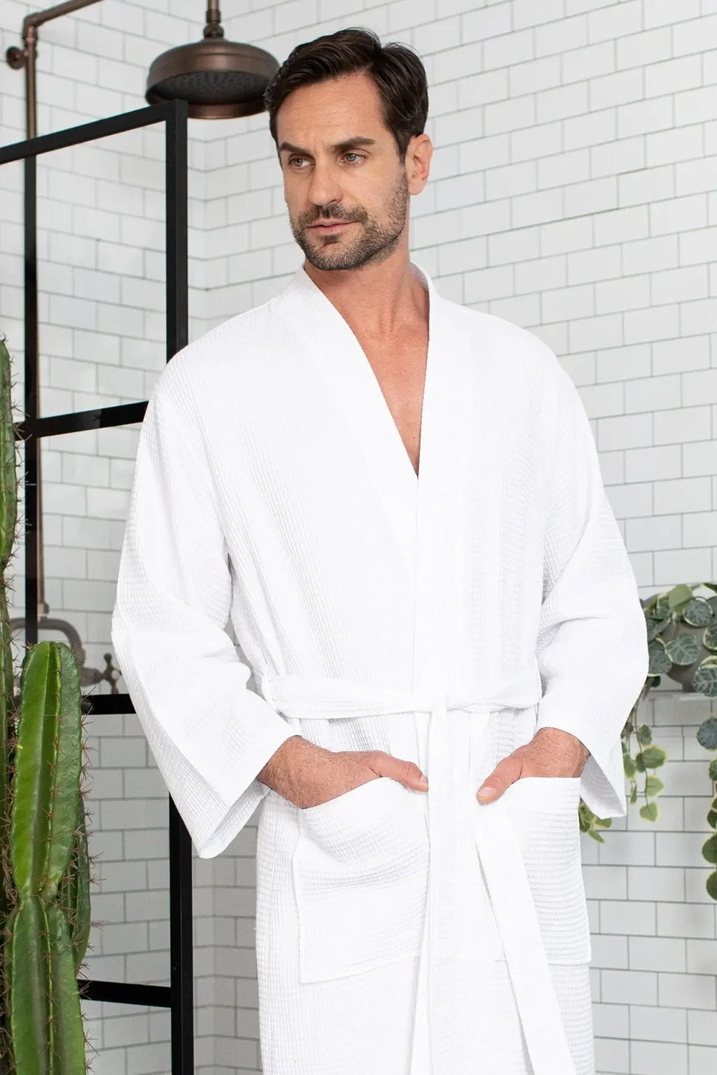 Men's Waffle Spa Bathrobe – Lightweight & Absorbent Kimono Robe