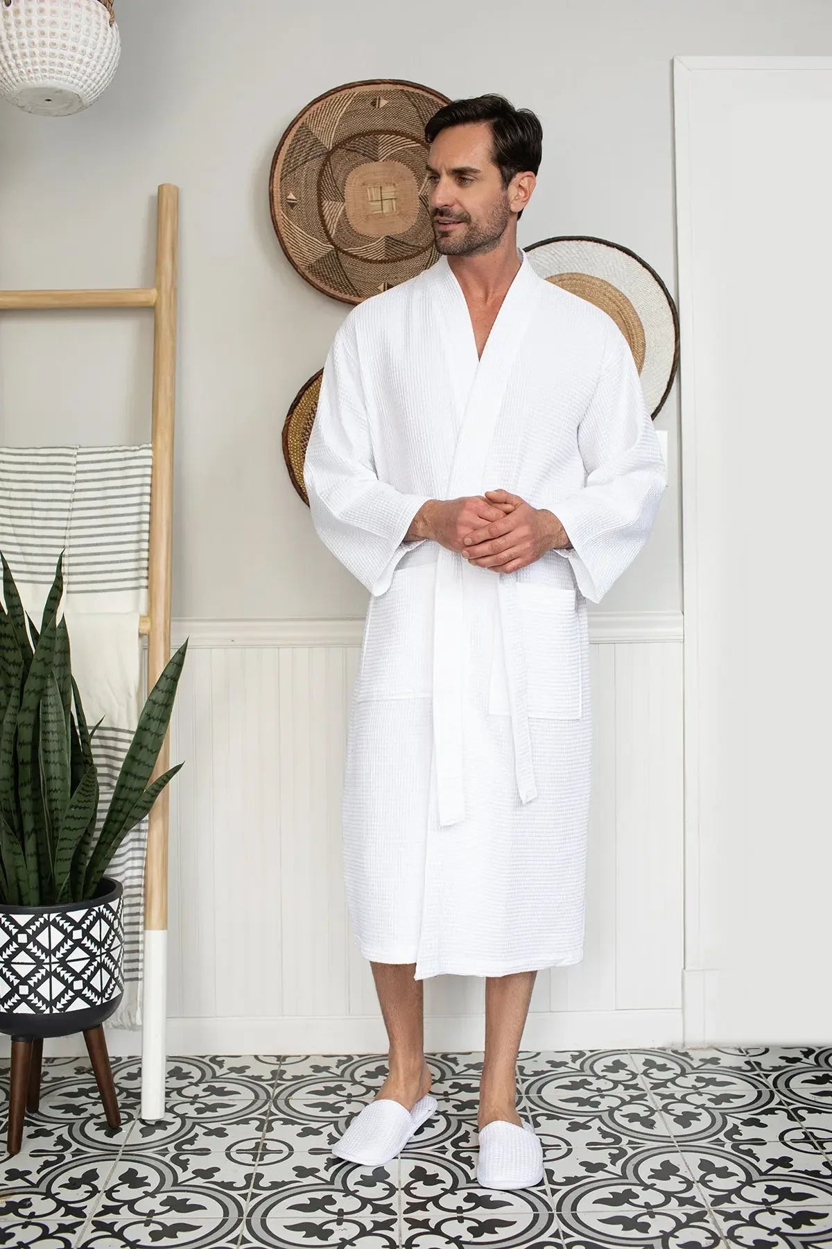 Men's Waffle Spa Bathrobe – Lightweight & Absorbent Kimono Robe